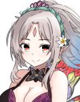 1girl bare_shoulders breasts cleavage english_commentary fire_emblem fire_emblem_heroes grey_hair high_ponytail highres large_breasts parted_bangs plumeria_(fire_emblem) pointy_ears red_eyes smile swimsuit tavi_(hosheezus) 