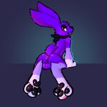  absurd_res anthro anus balls butt eyeliner fur genitals hi_res lagomorph leporid makeup male mammal pawpads presenting purple_body purple_fur rabbit rear_view red_eyes scarf simple_background solo tongue tongue_out twitch_cybul xing1 
