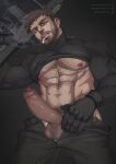  1boy abs artist_name bara black_gloves black_hair black_pants black_shirt chest_hair chris_redfield cigarette clothes_lift erection facial_hair gloves gun highres holding holding_gun holding_weapon instagram_username large_pectorals looking_at_viewer male_focus male_pubic_hair muscular muscular_male navel nipples open_pants pants patreon_username pectorals penis pubic_hair resident_evil resident_evil_village shirt shirt_lift short_hair smoking solo soynutts testicles twitter_username weapon 