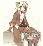  1boy animal_ears artist_name black_cat black_gloves black_jacket black_pants blush cat cat_boy cat_ears commentary english_commentary fingerless_gloves gloves green_eyes highres jacket leorlontyan luo_xiaohei luo_xiaohei_zhanji male_focus pants shirt short_hair sitting sketch solo white_footwear white_hair white_shirt 