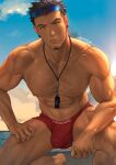  1boy abs bara black_hair bulge chest_hair closed_mouth earrings eyewear_on_head facial_hair highres jewelry large_pectorals lifeguard male_focus male_swimwear male_swimwear_pull mondi_hl muscular muscular_male navel nipples original pectoral_cleavage pectorals range_(mondi_hl) red_male_swimwear short_hair sideburns_stubble solo squatting thick_thighs thighs topless_male twitter_username veins veiny_arms whistle whistle_around_neck 
