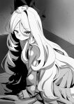 1girl ahoge all_fours bed blue_archive blush closed_mouth greyscale hair_between_eyes highres hina_(blue_archive) horns indoors long_hair long_sleeves looking_at_viewer monochrome multiple_horns on_bed pajamas polka_dot solo songchuan_li very_long_hair 