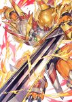  anthro armor bandai_namco claws digimon digimon_(species) fire green_eyes hair headgear helmet hi_res male melee_weapon muscular muscular_anthro muscular_male muscular_thighs red_hair solo sword victorygreymon weapon wolftapioca 