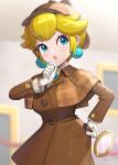  1girl blonde_hair blue_eyes blurry blurry_background brooch brown_coat coat deerstalker depth_of_field detective_peach earrings gloves gonzarez hand_on_own_chin hat highres holding holding_magnifying_glass indoors jacket jewelry looking_to_the_side looking_up magnifying_glass mario_(series) official_alternate_costume official_alternate_hairstyle princess_peach princess_peach:_showtime! short_hair solo sphere_earrings white_gloves 