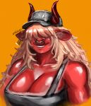  absurd_res anthro big_breasts bovid bovine breasts cattle clothing demon desdemona_(fortnite) epic_games facial_piercing female fortnite hair hair_over_eyes hi_res horn inner_ear_fluff khester824 mammal nose_piercing nose_ring overalls piercing red_body ring_piercing solo tuft 