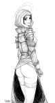  1girl absurdres armor artist_name ass black_eyes copyright_request feet_out_of_frame greyscale highres hood hood_up looking_at_viewer ltstry monochrome simple_background solo thighhighs thorns white_background 