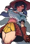  1girl black_hair breasts cowboy_hat feathered_wings from_below gloves hat highres iganashi1 kurokoma_saki leather leather_gloves looking_at_viewer plaid plaid_skirt red_eyes red_gloves red_headwear shirt skirt smile thighs touhou white_background white_shirt wings 