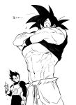  2boys abs bara clothes_lift crushed_can dougi dragon_ball dragon_ball_z flying_sweatdrops from_below frown greyscale highres large_pectorals lifted_by_self looking_at_pectorals male_focus monochrome multiple_boys muscular muscular_male no_alert2038 pectorals shirt_lift short_hair son_goku spiked_hair sweat thick_eyebrows translation_request underpec undressing vegeta yaoi 