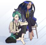  2girls barefoot black_gloves black_hair black_jacket black_necktie black_pants blonde_hair blue_eyes blue_gloves bright_pupils collared_shirt dark-skinned_female dark_skin earrings geeta_(pokemon) gloves green_hair grey_shirt highres hitohito jacket jewelry long_hair long_sleeves multicolored_hair multiple_girls neck_ribbon necktie pants pokemon pokemon_(game) pokemon_sv ponytail red_eyes ribbon rika_(pokemon) rpurasu shirt smile streaked_hair suspenders very_long_hair white_pupils yellow_ribbon 