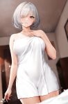  1girl bare_arms bare_shoulders blush breasts closed_mouth collarbone cowboy_shot eyes_visible_through_hair grey_eyes grey_hair hair_over_one_eye hand_on_own_chest highres indoors infinote large_breasts looking_at_viewer naked_towel original sashou_mihiro short_hair solo towel wet white_towel 