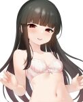  1girl black_hair blunt_bangs blush bra breasts hatsuyuki_(kancolle) hime_cut kantai_collection long_hair looking_at_viewer parted_lips pink_bra pink_nails red_eyes sakieko simple_background small_breasts solo underwear underwear_only upper_body very_long_hair white_background 