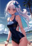  1girl absurdres bare_shoulders beach blue_hair blue_sky blush bracelet breasts cloud cloudy_sky collarbone covered_navel day gradient_hair hair_ornament highres jewelry kuro-kun_(nablack) lize_helesta looking_at_viewer medium_breasts multicolored_hair nijisanji ocean one-piece_swimsuit open_mouth outdoors palm_leaf palm_tree purple_eyes scan shiny_skin simple_background sky solo swimsuit thighs tree water white_hair 