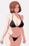  1girl absurdres arms_at_sides bikini black_bikini bob_cut breasts brown_eyes brown_hair cleavage closed_mouth highres jujutsu_kaisen kugisaki_nobara large_breasts lips looking_at_viewer navel ni_tamago_sando short_hair skindentation solo stomach swimsuit thighs 