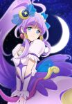  1girl alternate_hairstyle blue_eyes choker crescent crescent_earrings cure_selene dress earrings hair_ornament heart_pouch highres jewelry kaguya_madoka long_hair looking_at_viewer magical_girl mochi_curry night precure puffy_sleeves purple_choker purple_dress purple_hair rainbow_skirt short_sleeves smile solo star_(symbol) star_choker star_color_pen star_color_pendant star_hair_ornament star_twinkle_precure very_long_hair 