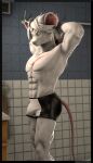  2022 3d_(artwork) abs anthro athletic athletic_anthro athletic_male bathroom briefs bulge chest_scar clothed clothing digital_media_(artwork) fur hair hands_behind_head hi_res male mammal murid murine navel pecs personal_grooming petruz_(copyright) rat reindeerviking ren_(petruz) rodent scar solo source_filmmaker standing styling_hair topless topless_anthro topless_male underwear white_body white_fur white_hair 