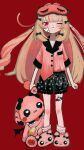  1girl :3 alternate_costume aomida baby_bottle bandaid bandaid_on_face black_bow black_collar black_eyes black_shorts blonde_hair blunt_bangs bottle bow closed_mouth collar demon_wings full_body hair_bow highres holding holding_stuffed_toy leg_tattoo long_hair looking_at_viewer makaino_ririmu multicolored_hair nijisanji one_eye_closed pajamas pink_footwear pink_hair pink_shirt red_background red_eyes shirt shirt_partially_tucked_in short_sleeves shorts simple_background sleep_mask slippers solo standing streaked_hair stuffed_animal stuffed_rabbit stuffed_toy tattoo very_long_hair virtual_youtuber wings 