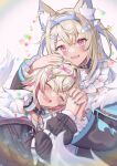  2girls :d animal_ear_fluff animal_ears black_collar black_jacket blonde_hair blue_hair blue_nails collar cropped_jacket cropped_shirt dog_ears dog_girl dog_tail dress fur-trimmed_jacket fur_trim fuwawa_abyssgard hair_ornament hairpin headphones headphones_around_neck hololive hololive_english interlocked_fingers jacket long_hair medium_hair mococo_abyssgard multicolored_hair multiple_girls open_mouth pink_eyes pink_hair pink_nails shirt short_hair siblings sigma_1221 sisters smile spiked_collar spikes streaked_hair tail twins virtual_youtuber white_dress white_shirt x_hair_ornament 