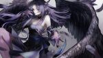  1girl absurdres bare_shoulders black_nails breasts choker cleavage colored_skin commission detached_sleeves dress duel_monster falling_feathers feathered_wings fingernails gradient_skin hand_up highres leg_up night_wing_sorceress pale_skin parted_lips pointy_ears purple_eyes purple_hair purple_skin safutsuguon skeb_commission solo wings yu-gi-oh! 