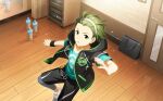  1boy :o ahoge black_wristband bottle fingernails green_eyes green_hair highres idolmaster idolmaster_side-m idolmaster_side-m_live_on_stage! jacket male_focus mitarai_shouta official_art open_clothes open_jacket short_sleeves sweat water_bottle wooden_floor wristband 