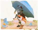  1girl bandana bike_shorts blush border brown_eyes brown_hair closed_mouth collared_shirt commentary from_side gloves holding holding_umbrella majyo_(witch_poke) manaphy may_(pokemon) mudkip outdoors pokemon pokemon_(creature) pokemon_(game) pokemon_rse popped_collar puddle rain red_bandana shirt shoes short_sleeves skirt smile socks squatting symbol-only_commentary umbrella white_border 