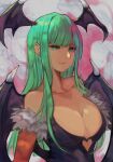  1girl animal_print bare_shoulders bat_print bat_wings black_leotard breasts cleavage clothing_cutout collarbone demon_girl fur_trim green_eyes green_hair head_wings heart_cutout highres large_breasts leotard levvellevvel long_hair looking_at_viewer low_wings morrigan_aensland pantyhose parted_lips purple_pantyhose sidelocks solo vampire_(game) wings 