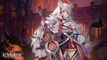  1girl animal_ear_fluff animal_ears artist_request belt black_belt bracelet breasts building cerberus_(echocalypse) chest_belt cleavage copyright dog_ears dog_girl earrings echocalypse fire grey_hair hair_between_eyes highres holding holding_sword holding_weapon jewelry large_breasts logo long_hair official_art pink_eyes puffy_sleeves red_skirt second-party_source skirt solo spiked_bracelet spikes sword tassel tassel_earrings weapon yellow_tassel 