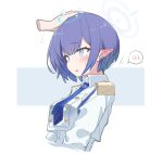  1girl aoi_(blue_archive) azu_ankoowl blue_archive blue_eyes blue_hair blue_necktie blush collared_shirt earclip halo headpat necktie pointy_ears shirt short_hair solo_focus spoken_blush sweatdrop white_shirt 