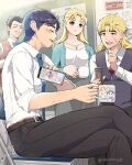  1girl 3boys belt black_hair black_pants blonde_hair blue_eyes blue_hair blush cellphone closed_eyes closed_mouth coffee_mug cup dio_brando erina_pendleton facial_hair giorno_giovanna highres holding holding_cup holding_phone implied_yaoi indoors jewelry jojo_no_kimyou_na_bouken jonathan_joestar long_hair long_sleeves looking_at_another mixed-language_commentary morino_peko mug multiple_boys necklace necktie pants phantom_blood phone robert_e._o._speedwagon shirt short_hair skirt sleeves_rolled_up smartphone smile twitter_username vest white_shirt will_anthonio_zeppeli 