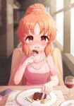  1girl abe_nana alcohol blush breasts cup dated dress drinking_glass eating food fork hair_tie highres holding holding_fork idolmaster idolmaster_cinderella_girls j2l jewelry large_breasts looking_at_viewer medium_hair necklace open_mouth own_hands_clasped own_hands_together parted_bangs pearl_necklace ponytail pov_across_table purple_dress red_eyes short_sleeves sidelocks solo steak wine wine_glass 