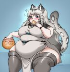  absurd_res animal_humanoid big_breasts blush breasts cakecatboy clothing container cookie cookie_jar eating exclamation_point felid felid_humanoid feline feline_humanoid female food grey_hair hair hi_res huge_breasts huge_thighs humanoid jar looking_at_viewer mammal mammal_humanoid markings navel obese obese_female obese_humanoid open_mouth overweight overweight_female overweight_humanoid pantherine sitting snow_leopard solo spots spotted_markings spotted_tail tail tail_markings thick_thighs unknown_character 