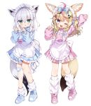  2girls absurdres animal_ears bandaid bandaid_on_leg blonde_hair blue_footwear blush fox_ears fox_girl fox_tail green_eyes grey_hair hair_ornament heart heart_hands highres hololive leg_warmers long_hair long_sleeves looking_at_viewer multiple_girls noi_mine omaru_polka one_eye_closed open_mouth parted_lips pink_footwear purple_eyes shirakami_fubuki shoes simple_background smile sneakers tail white_background x_hair_ornament 