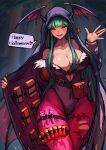  1girl absurdres ap_cammy black_cloak blunt_bangs blurry blurry_background breasts cloak clothing_cutout cowboy_shot english_text green_eyes green_hair head_wings highres looking_at_viewer morrigan_aensland outdoors pantyhose smile solo speech_bubble torn_clothes torn_pantyhose vampire_(game) wings 