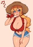  1girl blonde_hair blue_eyes blue_shorts blush breasts cleavage collarbone commission denim denim_shorts freckles hand_on_own_thigh hat highres large_breasts long_hair looking_at_viewer micro_shorts musical_note navel open_mouth original shiny_skin shorts smile solo sun_hat teeth the_scarlet_devil upper_teeth_only 