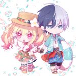  1boy 1girl :o aoyagi_touya blonde_hair blue_eyes blue_hair bracelet chibi commentary dark_blue_hair earrings ebi_(yzpiyo039) floral_print flower full_body gradient_hair hat holding holding_hands holding_innertube innertube jewelry long_hair looking_at_another multicolored_hair open_mouth parted_lips pink_eyes pink_hair project_sekai seashell shell short_hair split-color_hair standing sunglasses tenma_saki twintails two-tone_hair 