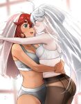  2girls absurdres ahoge blue_eyes bra breasts bridal_veil brown_pantyhose commentary dark-skinned_female dark_skin eye_contact grey_bra grey_hair grey_panties gundam gundam_suisei_no_majo highres hug kitaku_jikan_(ktk_jkn) looking_at_another medium_breasts miorine_rembran multiple_girls open_mouth panties panties_under_pantyhose pantyhose red_hair smile suletta_mercury thick_eyebrows underwear underwear_only veil white_bra white_panties yuri 