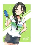 1girl aoki_kei araragi_uminya black_hair black_shorts bottle bra bra_strap brown_eyes collarbone dated green_background green_bra grid_background hair_ornament hair_over_shoulder hairclip hand_on_own_hip highres holding holding_bottle idolmaster idolmaster_cinderella_girls idolmaster_cinderella_girls_starlight_stage long_hair looking_at_viewer ponytail shirt short_sleeves shorts signature smile solo sports_bra standing stopwatch trainer_(idolmaster) underwear white_shirt wristband 