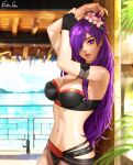  1girl bare_shoulders bikini black_bikini black_choker breasts choker cleavage esther_shen fire_emblem fire_emblem:_three_houses fire_emblem_heroes fire_emblem_warriors:_three_hopes flower hair_flower hair_ornament hair_over_one_eye large_breasts long_hair looking_at_viewer navel official_alternate_costume purple_eyes purple_hair shez_(female)_(fire_emblem) shez_(female)_(summer)_(fire_emblem) shez_(fire_emblem) solo stomach swimsuit white_flower 