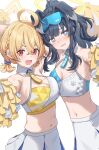  2girls absurdres ahoge black_hair blonde_hair blue_archive blue_eyes breast_press breasts cheerleader cleavage halo hibiki_(blue_archive) hibiki_(cheer_squad)_(blue_archive) highres kotori_(blue_archive) kotori_(cheer_squad)_(blue_archive) large_breasts looking_at_viewer millennium_cheerleader_outfit_(blue_archive) multiple_girls navel official_alternate_costume open_mouth pom_pom_(cheerleading) red_eyes simoumi_217 skirt smile star_sticker sticker_on_face sweat symmetrical_docking triangle_halo white_skirt yellow_halo 