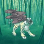  animal_focus bamboo bamboo_forest claws creature fangs forest full_body nature no_humans outdoors pokemon pokemon_(creature) raikou standing u-da yellow_eyes 