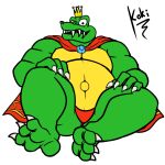  2022 3_toes 4_fingers anthro belly biceps cape claws clothing crocodilian crown digital_drawing_(artwork) digital_media_(artwork) donkey_kong_(series) fangs feet fingers gem green_body green_scales headgear hi_res humanoid_feet king_k._rool koki_1 kremling looking_at_viewer male mostly_nude musclegut navel nintendo overweight overweight_male plantigrade reptile scales scalie signature simple_background sitting soles solo teeth toes white_background 