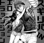  1boy 1girl asirpa breasts clenched_hand commentary_request contemporary covered_abs cross_scar frown golden_kamuy greyscale kimidake monochrome scar scar_on_cheek scar_on_face scar_on_nose short_shorts shorts size_difference small_breasts sugimoto_saichi translation_request v-shaped_eyebrows veins veiny_arms 