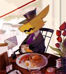  a_hat_in_time black_suit breakfast coffee conductor_(a_hat_in_time) fang flower food formal fried_egg highres nasubeen necktie open_mouth pancake purple_necktie reptilian rose sausage suit table 