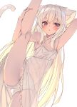  1girl animal_ears armpits arms_up bare_shoulders blush cat_ears cat_tail commentary_request dress highres kneepits leg_up looking_at_viewer navel original panties parted_lips red_eyes see-through see-through_dress shiro_youduki sleeveless sleeveless_dress solo spaghetti_strap split stretching tail underwear white_background white_dress white_hair white_panties 