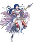  1girl armor blue_eyes blue_hair breastplate cape elbow_gloves fire_emblem fire_emblem:_the_blazing_blade fire_emblem_heroes full_body gloves highres holding holding_polearm holding_weapon isadora_(fire_emblem) long_hair non-web_source official_art pelvic_curtain polearm shoulder_armor solo sword takaya_tomohide vambraces weapon white_cape 