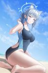  1girl absurdres animal_ear_fluff animal_ears ass bare_legs barefoot black_one-piece_swimsuit blue_archive blue_eyes blue_halo blue_one-piece_swimsuit blue_sky blush breasts cloud cloudy_sky commentary competition_swimsuit cross cross_hair_ornament day extra_ears feet from_side grey_hair hair_ornament halo highres inverted_cross kangse415 large_breasts legs lens_flare looking_at_viewer low_ponytail medium_hair official_alternate_costume one-piece_swimsuit outdoors parted_lips ponytail shiroko_(blue_archive) shiroko_(swimsuit)_(blue_archive) sitting sky solo sweat swimsuit thighs toenails toes two-tone_swimsuit wolf_ears 