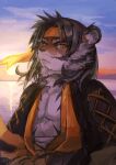  1boy animal_ears arknights artist_logo bandaged_torso bare_pectorals black_hair buchi0122 chinese_clothes dusk facial_hair furry furry_male goatee headband highres huai_tianpei_(arknights) lake looking_at_viewer male_focus pectorals sunset tiger_boy tiger_ears tiger_stripes yellow_headband 