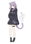  1girl absurdres animal animal_ears black_footwear black_hoodie braid cat cat_ears cat_girl cat_tail full_body hayashi_maka highres hood hood_down hoodie light_purple_hair looking_at_viewer no_pants original purple_eyes short_hair sleeves_past_fingers sleeves_past_wrists smile standing tail white_background 