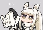  2girls animal arknights belt dog dog-san grey_background highres holding holding_animal holding_dog horse horse_girl multiple_girls platinum_(arknights) ponytail sidelocks tagme techwear white_hair zipper 