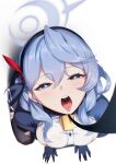  1girl ako_(blue_archive) all_fours bell blue_archive blue_eyes blue_hair blueorca blush breasts cowbell gloves hairband halo highres large_breasts leash long_hair long_sleeves looking_at_viewer neck_bell open_mouth sideboob sitting solo tongue tongue_out wariza 