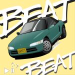  car convertible english_text green_car highres honda honda_beat kaiware motor_vehicle musical_note no_humans original pause_button play_button sports_car vehicle_focus yellow_background 